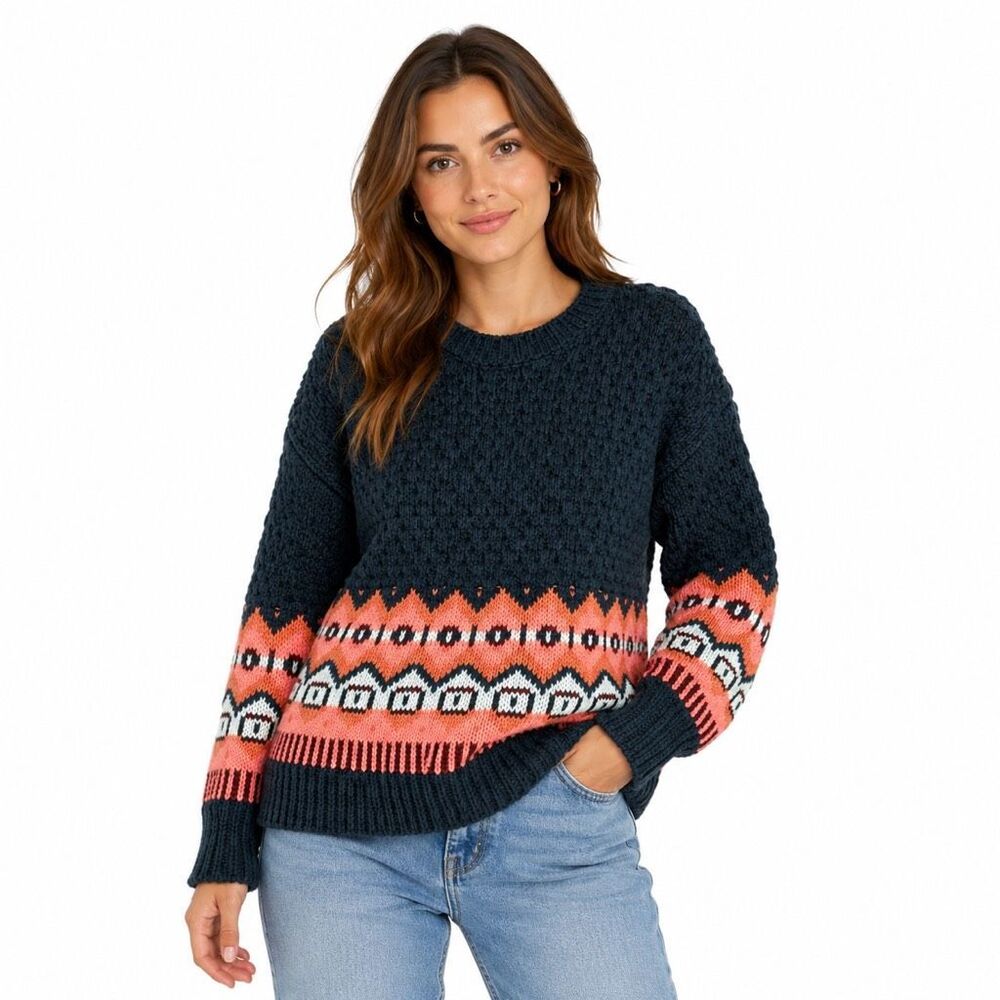 VICTORIA’S SECRET Women’s Dark Green Pink Fair Isle Chunky Knit Sweater Large